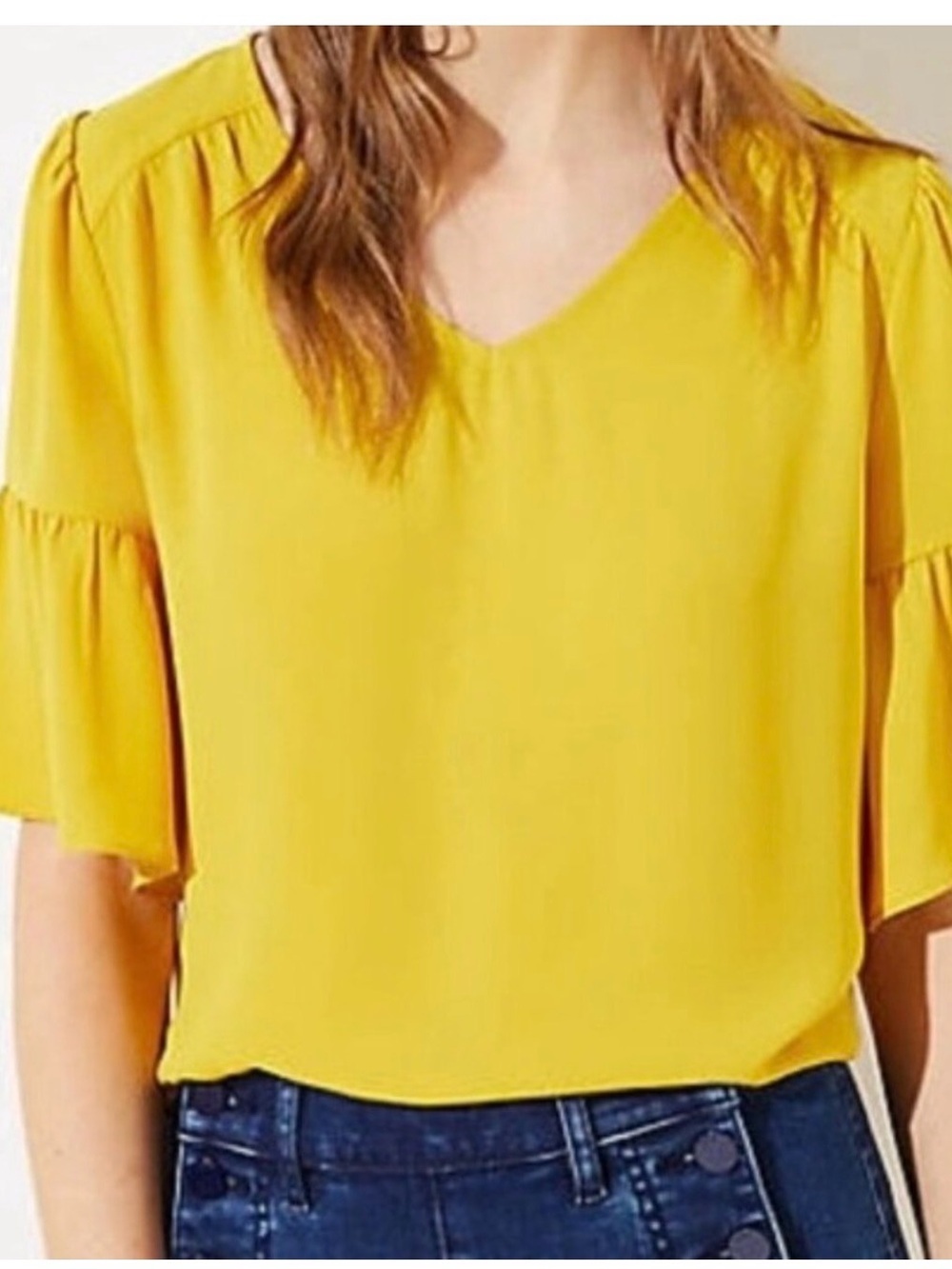 Loft Bright Yellow V-Neck Flutter Sleeve Blouse EUC